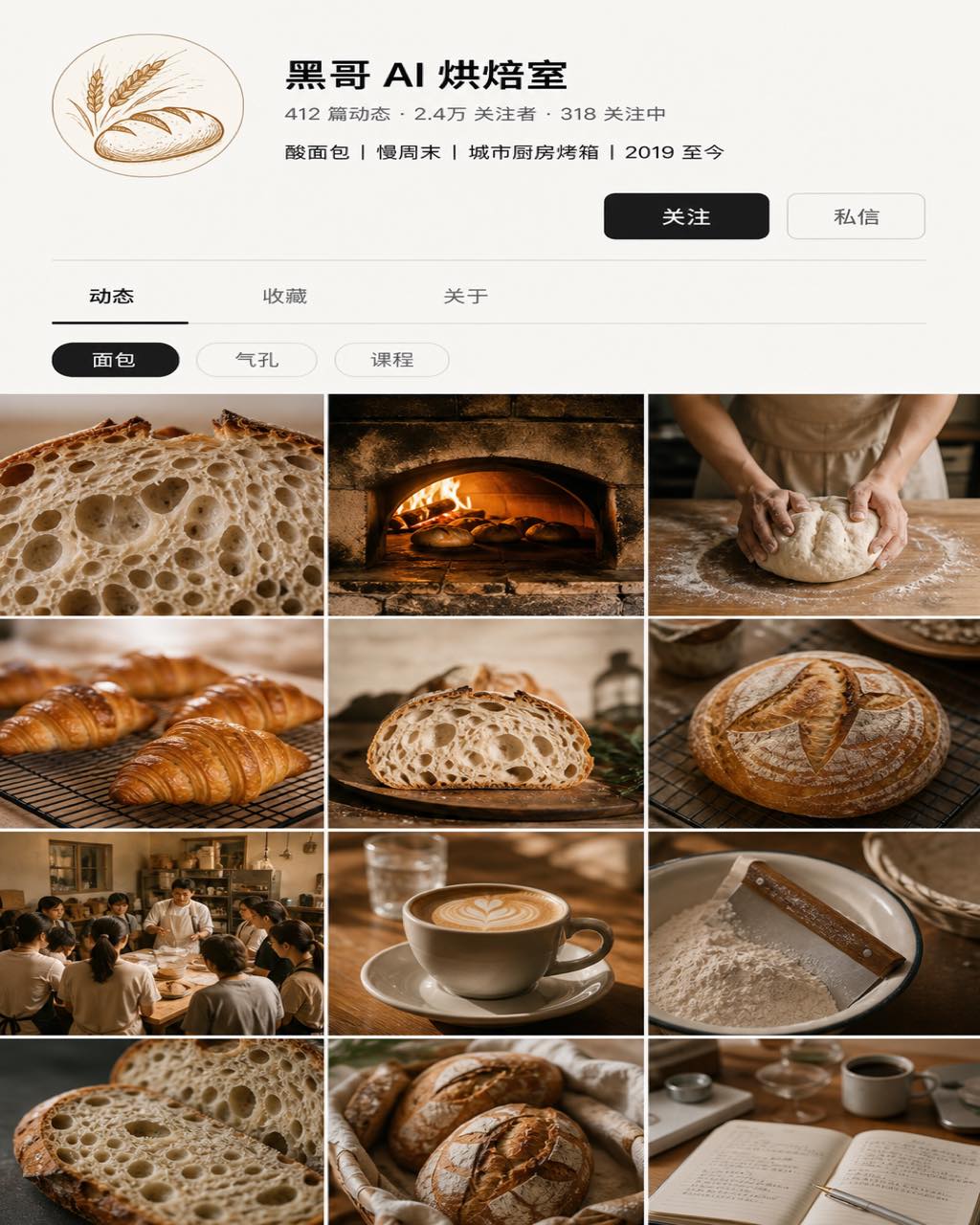 居家烘焙师的移动端个人主页样图，含头像、粉丝统计、精选故事圈与三乘三烘焙图片网格，整体暖色调。