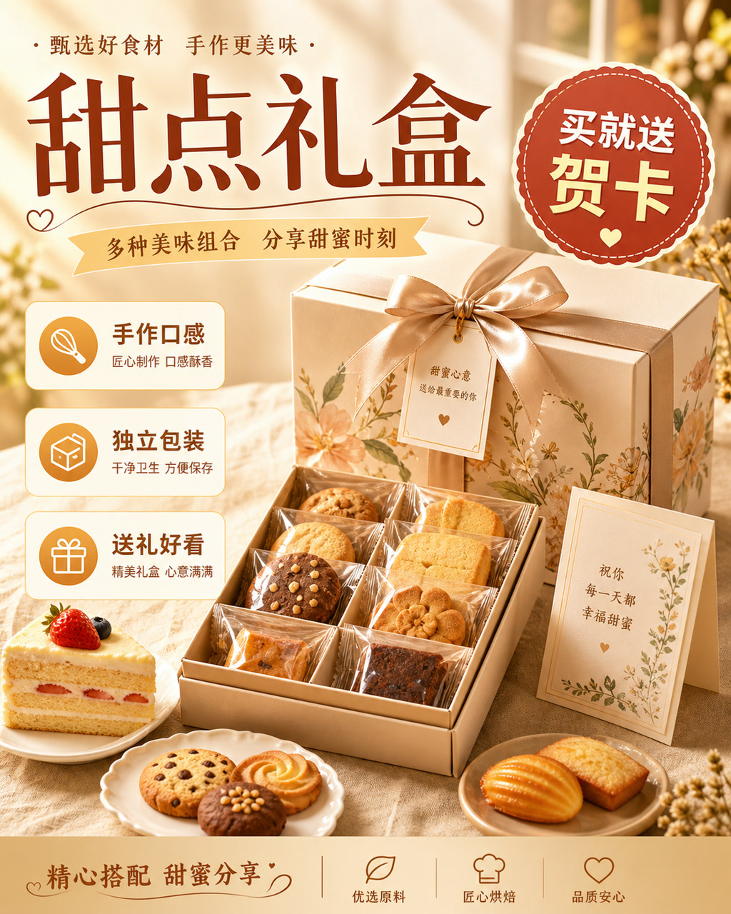 烘焙礼盒促销图，主文案为「甜点礼盒」，卖点为「手作口感、独立包装、送礼好看」。