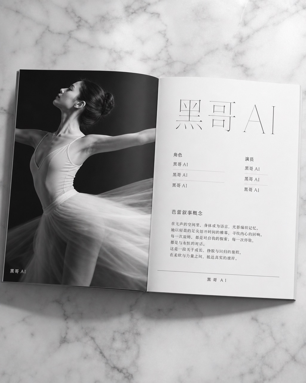 芭蕾舞演出节目册展开，左页动态模糊舞者照片，右页白底黑字演员表排版。