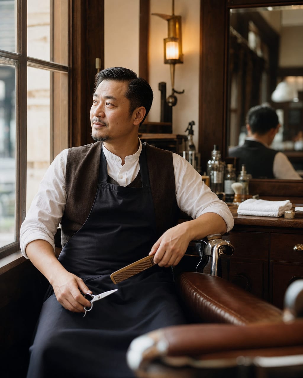 理发店窗边人像：一位理发师站在老式理发椅旁，手里拿着梳子和剪刀，表情专注，社区理发店窗边，镜子、毛巾和金属工具形成生活化背景，不出现可读招牌。