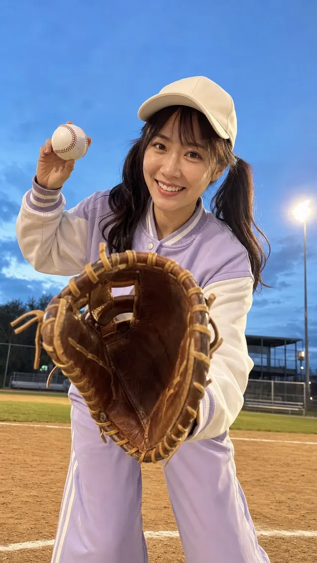 An energetic adult East Asian woman in a distinctive baseball portrait.