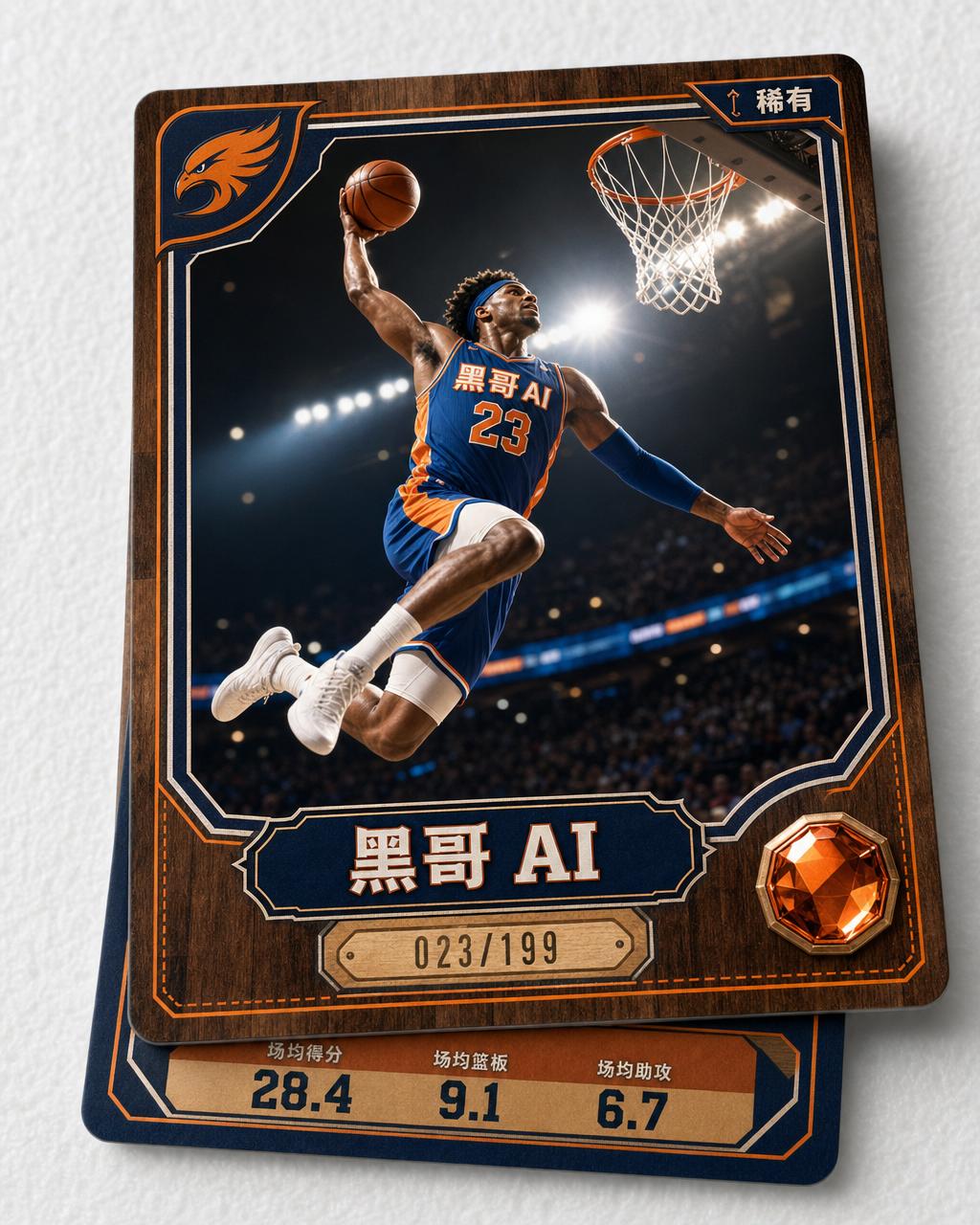 虚构球员 JT Tatum 为 Coastal Hawks 扣篮的篮球交换卡，橙色稀有度宝石，PPG/RPG 数据。