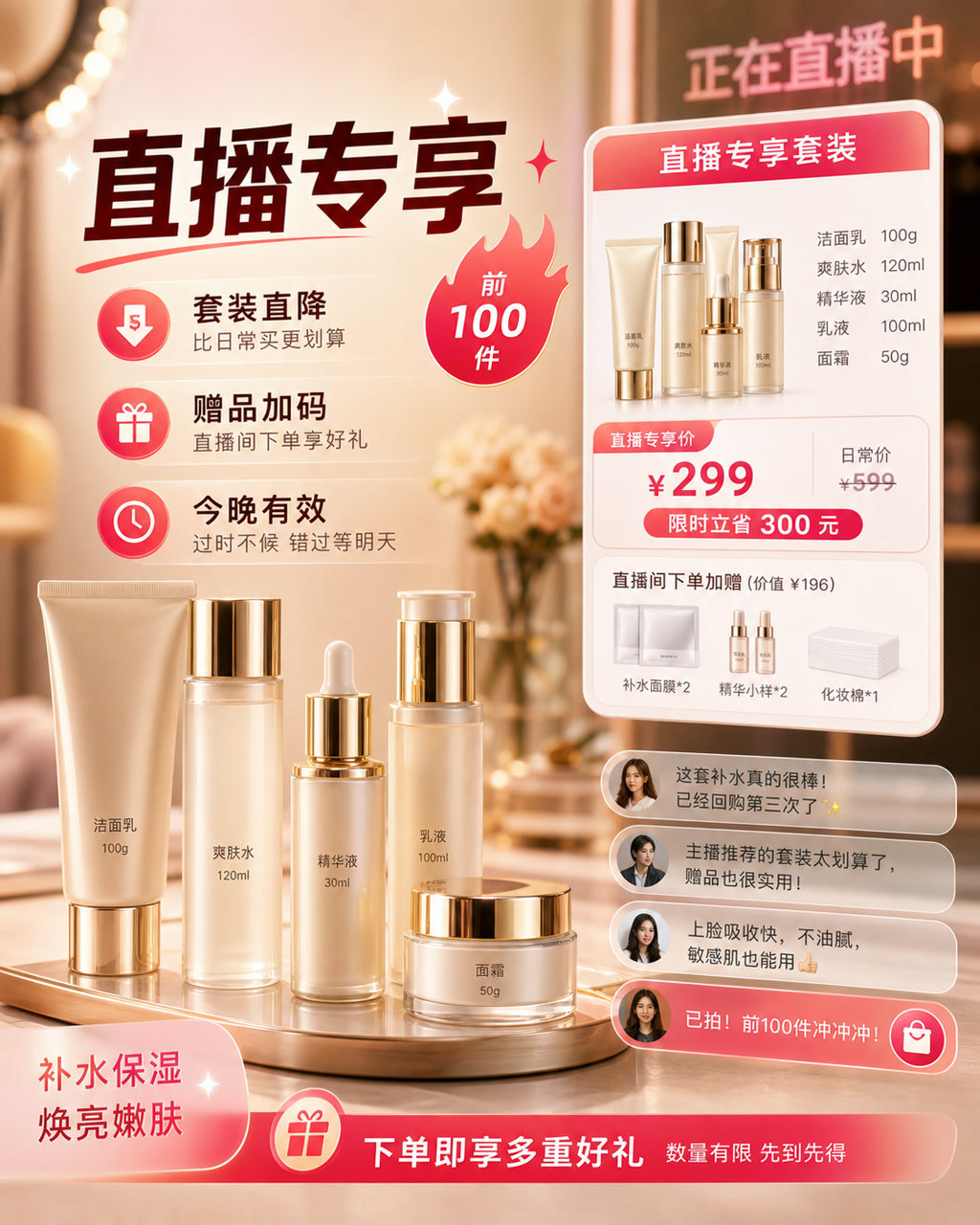 美妆直播商品卡，主文案为「直播专享」，卖点为「套装直降、赠品加码、今晚有效」。
