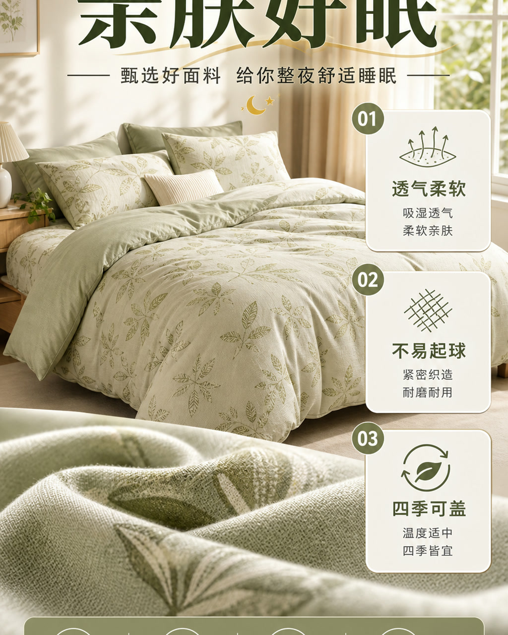 床品详情页面料图，主文案为「亲肤好眠」，卖点为「透气柔软、不易起球、四季可盖」。