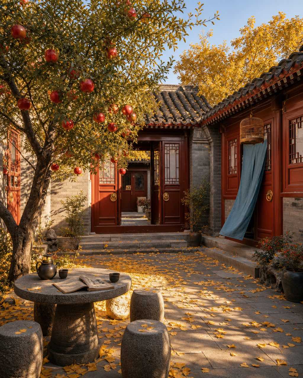 修缮后的北京四合院秋景，灰砖墙、朱红门、结果石榴树与满地银杏叶。