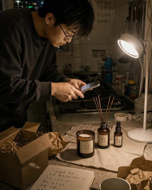 合租厨房凌晨产品拍摄案例图,北京合租房小厨房凌晨,一位年轻创业者用手机和台灯拍摄自制香薰产品,灶台有生活杂物、水杯和未收拾的包装纸,真实不摆拍。