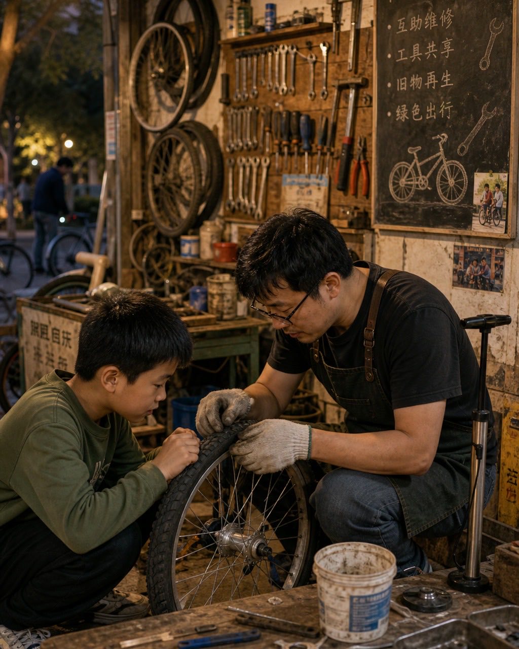 社区自行车厨房案例图，傍晚社区自行车维修空间，志愿者教孩子补胎，墙上挂着旧轮胎和工具，灯光温暖。