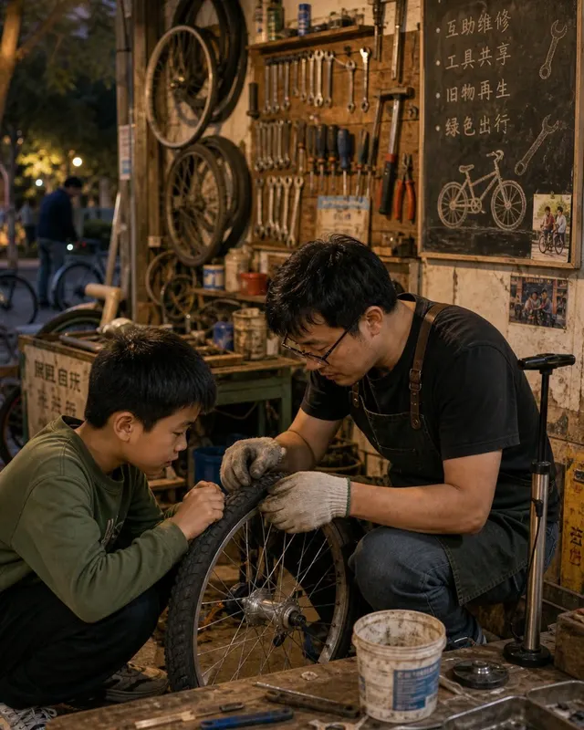 社区自行车厨房案例图,傍晚社区自行车维修空间,志愿者教孩子补胎,墙上挂着旧轮胎和工具,灯光温暖。