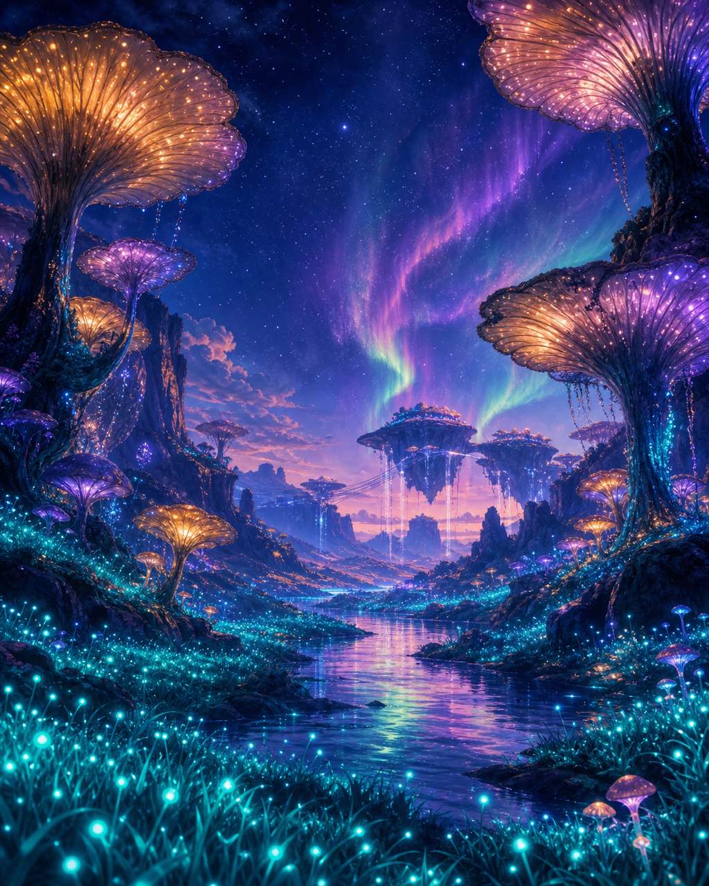 永恒暮色中的奇幻山谷全景，荧光蘑菇树、电气蓝绿色草地、镜面河流与极光照耀的悬浮台地。