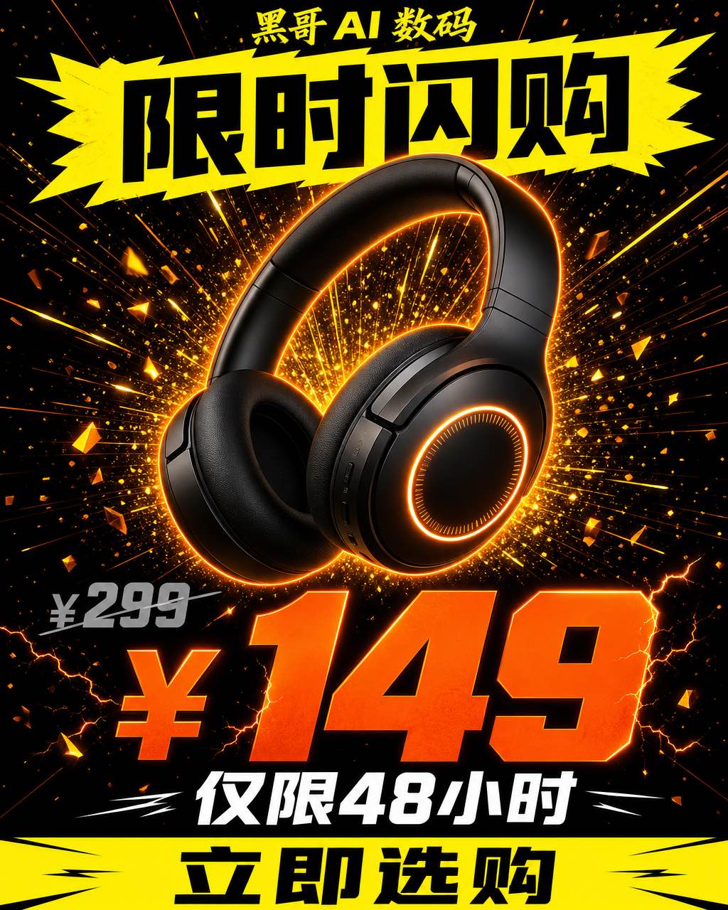 NovaTech 黑五横幅，纯黑背景，霓虹橙无线耳机，酸黄价格与 CTA 条，粒子爆炸特效