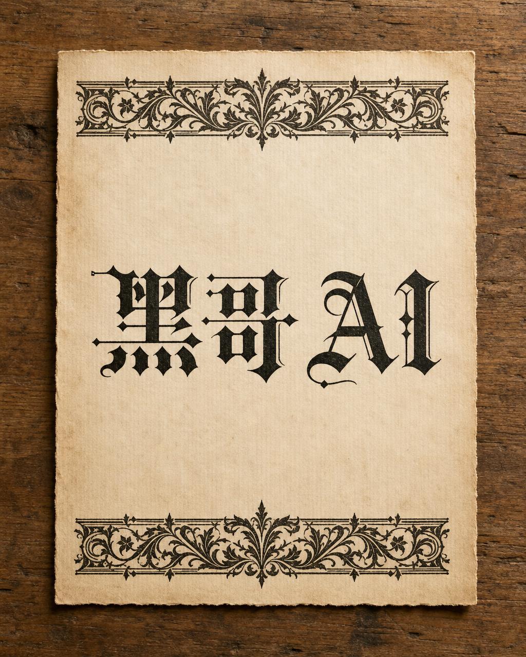 单词 ETERNAL 以繁复 Fraktur 风格哥特体印于陈年奶白纸上，配饰哥特植物纹边框