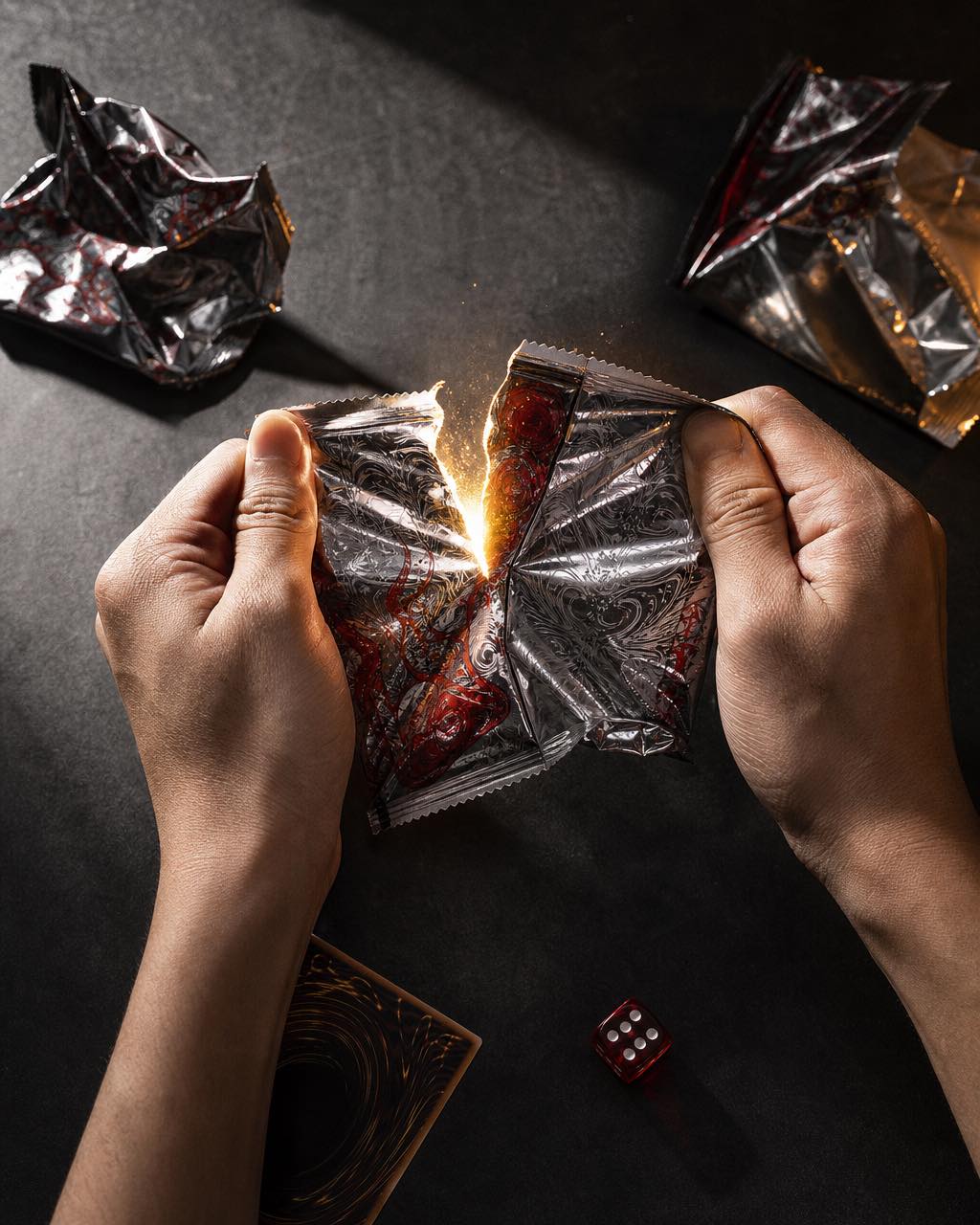 俯拍视角，双手撕开银色卡包，金色光芒溢出，桌面散落空包和红色骰子