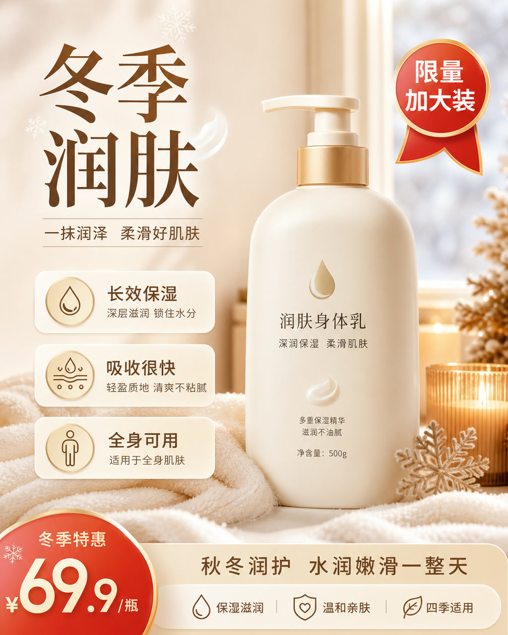 身体乳冬季促销图，主文案为「冬季润肤」，卖点为「长效保湿、吸收很快、全身可用」。