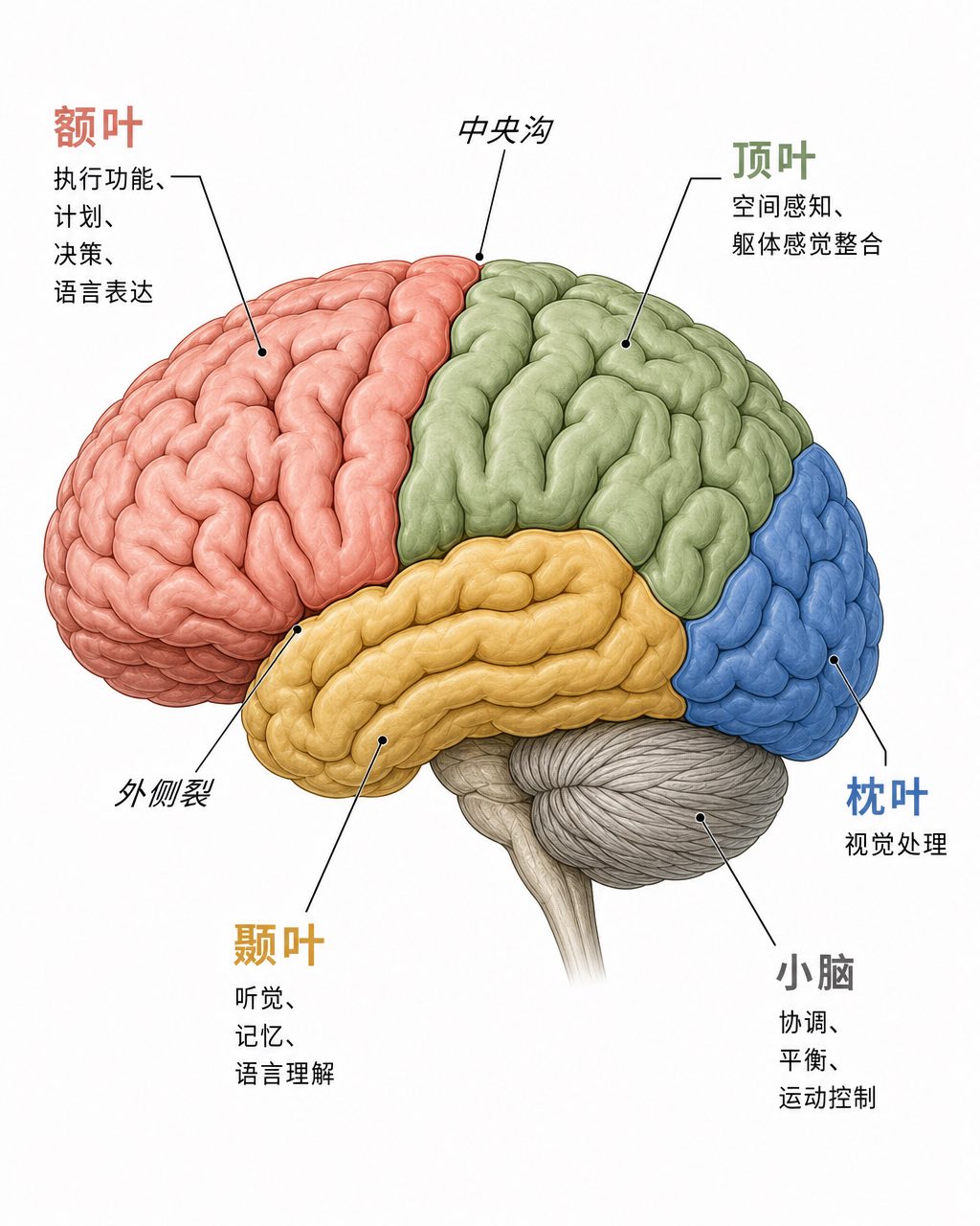 大脑侧视平面插图，四叶分别填珊瑚、鼠尾草绿、金色与矢车菊蓝，引线标注各叶功能。