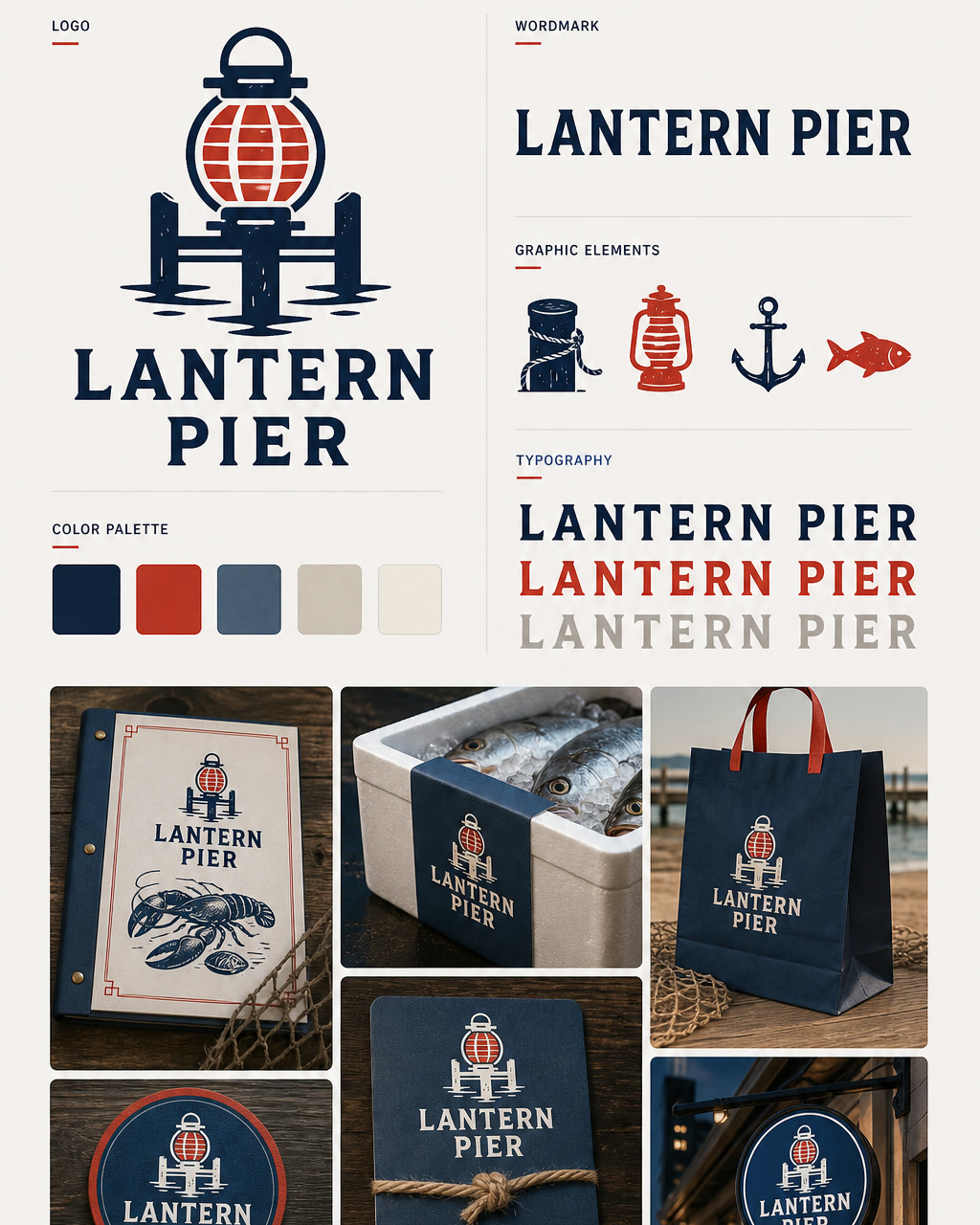 Lantern Pier Seafood Identity, an original brand identity system board with logo, wordmark, swatches, and touchpoints.