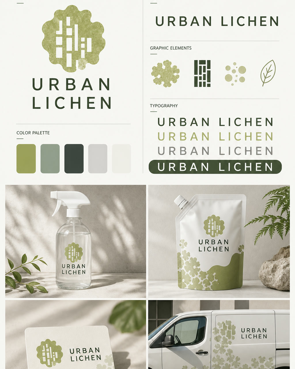 Urban Lichen Cleaning Identity, an original brand identity system board with logo, wordmark, swatches, and touchpoints.