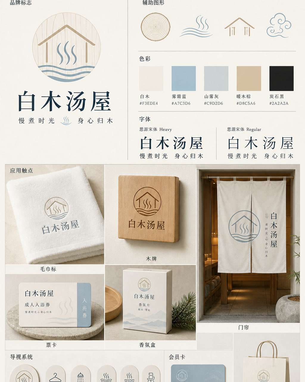 Baimu Sauna Chinese Identity, an original brand identity system board with logo, wordmark, swatches, and touchpoints.