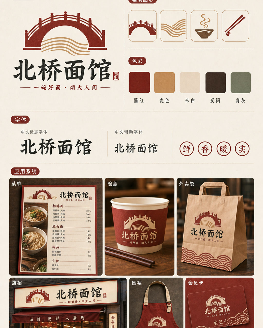 北桥面馆品牌识别，原创品牌识别系统展示板，包含标志、字标、色板和应用触点。