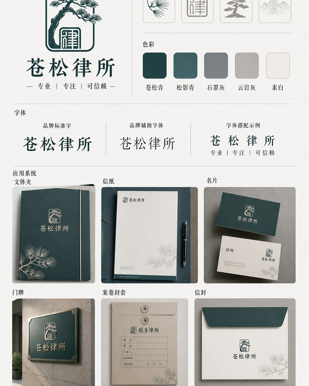 苍松律所品牌识别，原创品牌识别系统展示板，包含标志、字标、色板和应用触点。
