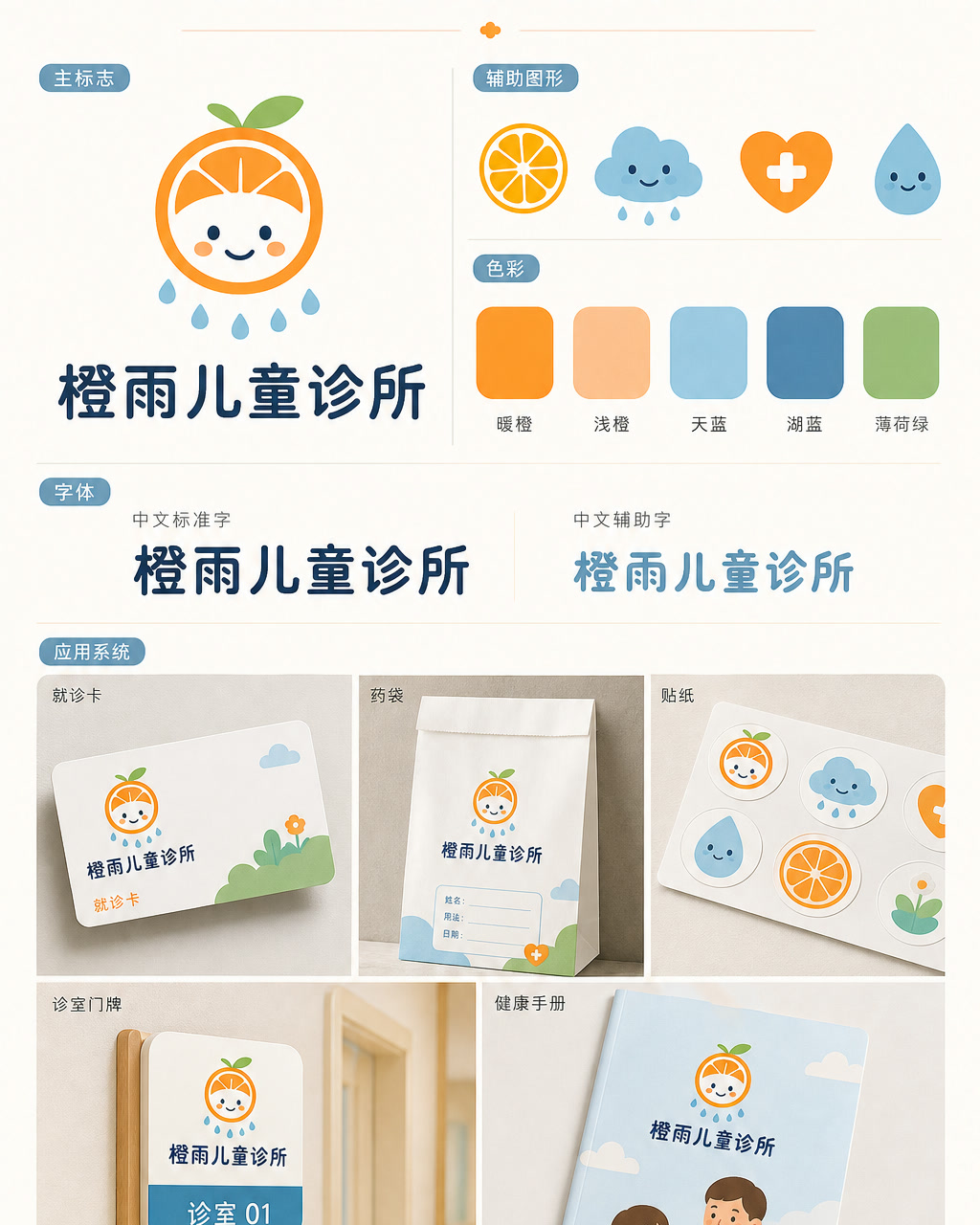 橙雨儿童诊所品牌识别，原创品牌识别系统展示板，包含标志、字标、色板和应用触点。