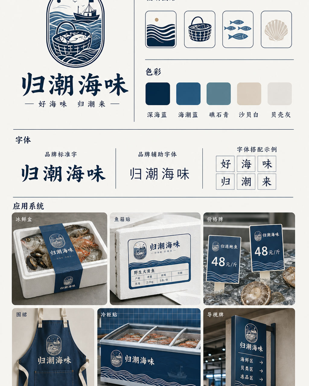 归潮海味品牌识别，原创品牌识别系统展示板，包含标志、字标、色板和应用触点。