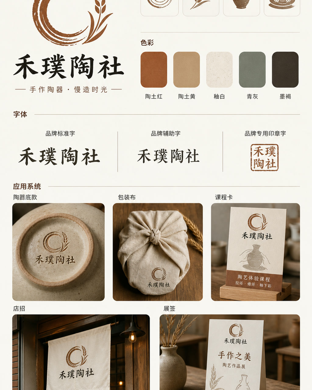 Hepu Ceramic Studio Chinese Identity, an original brand identity system board with logo, wordmark, swatches, and touchpoints.