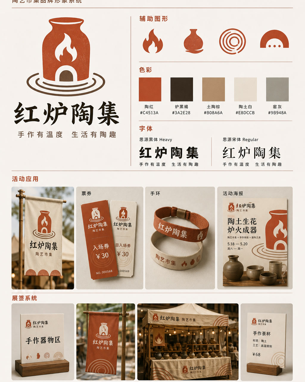 Honglu Pottery Market Chinese Identity, an original brand identity system board with logo, wordmark, swatches, and touchpoints.