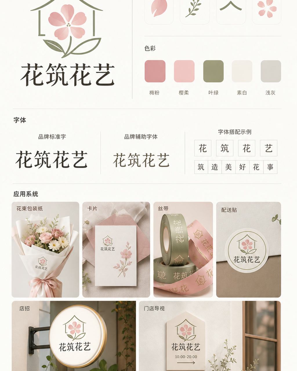 花筑花艺品牌识别，原创品牌识别系统展示板，包含标志、字标、色板和应用触点。