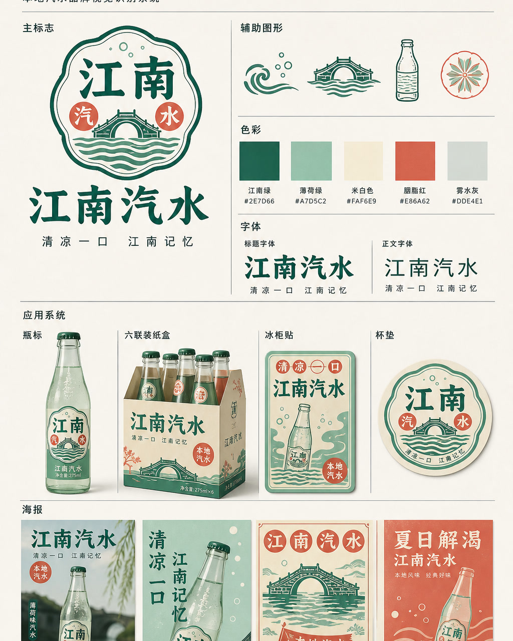 Jiangnan Soda Chinese Identity, an original brand identity system board with logo, wordmark, swatches, and touchpoints.