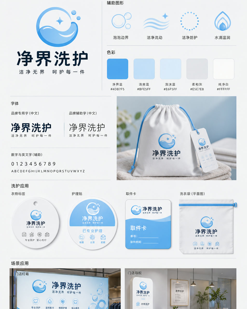 净界洗护品牌识别，原创品牌识别系统展示板，包含标志、字标、色板和应用触点。