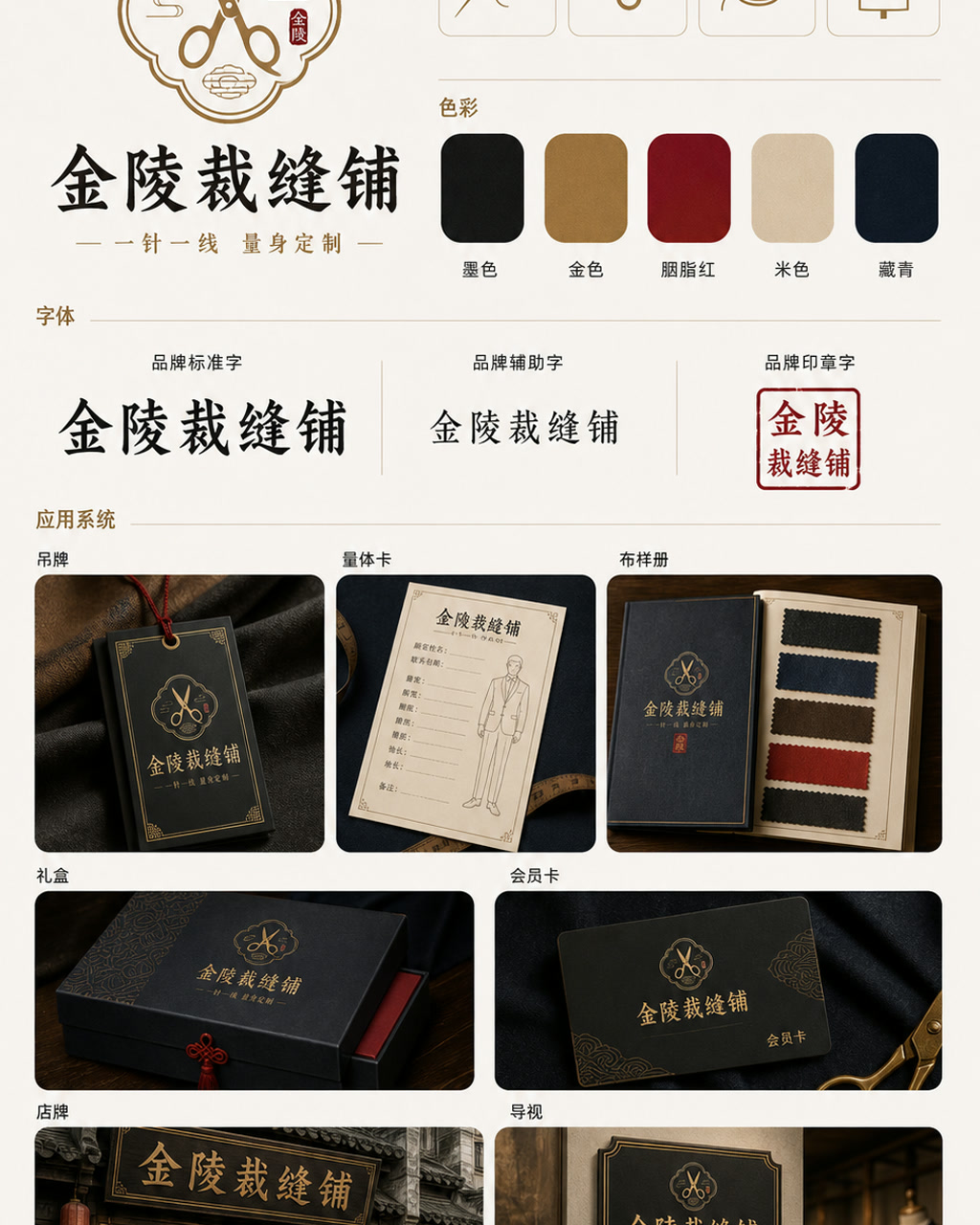 Jinling Tailor Chinese Identity, an original brand identity system board with logo, wordmark, swatches, and touchpoints.