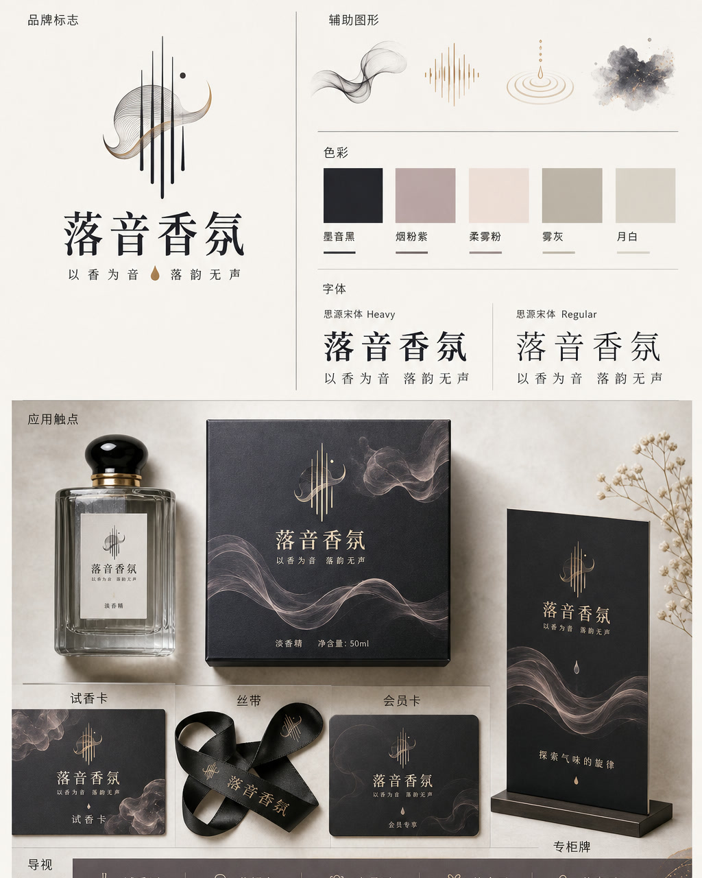 Luoyin Fragrance Chinese Identity, an original brand identity system board with logo, wordmark, swatches, and touchpoints.