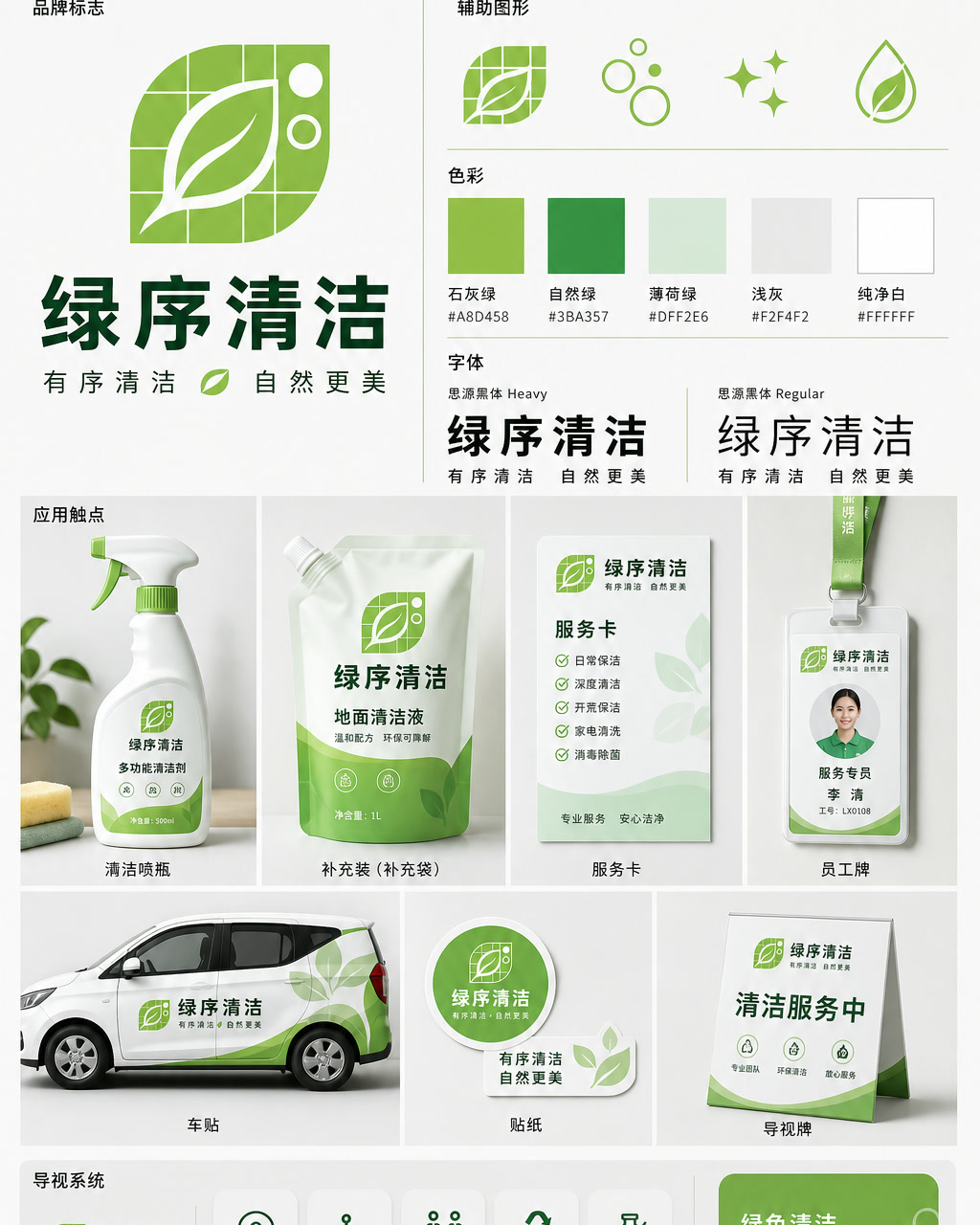 Lvxu Cleaning Chinese Identity, an original brand identity system board with logo, wordmark, swatches, and touchpoints.