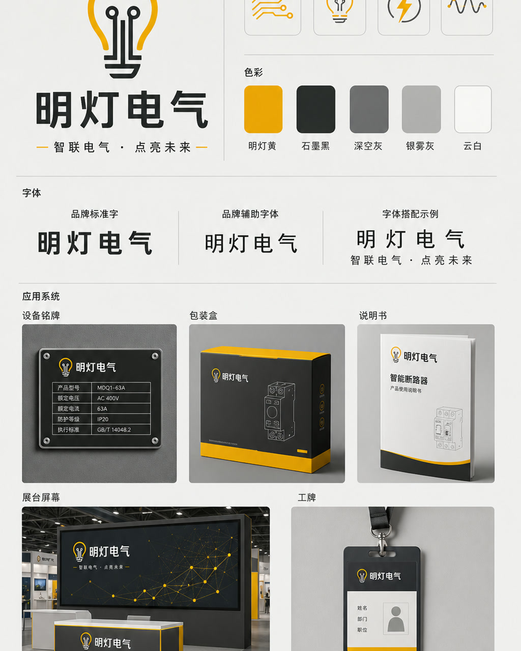 Mingdeng Electric Chinese Identity, an original brand identity system board with logo, wordmark, swatches, and touchpoints.