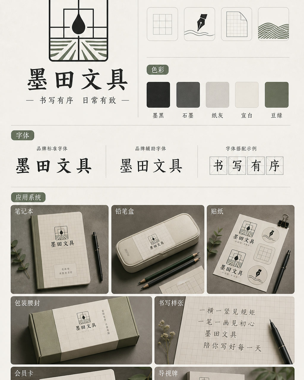 墨田文具品牌识别，原创品牌识别系统展示板，包含标志、字标、色板和应用触点。