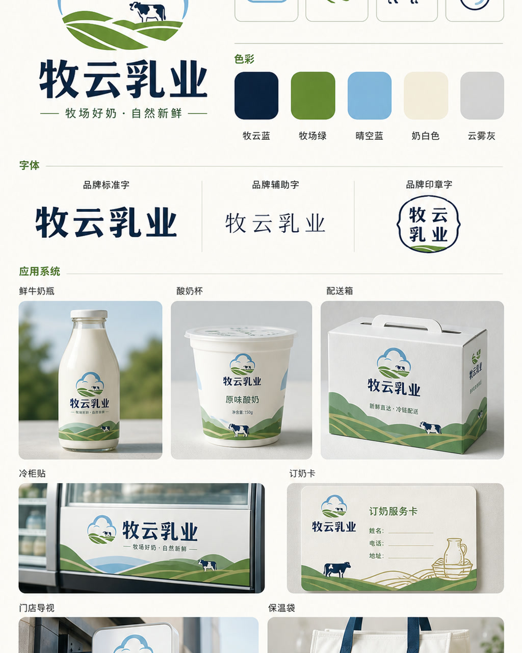 牧云乳业品牌识别，原创品牌识别系统展示板，包含标志、字标、色板和应用触点。