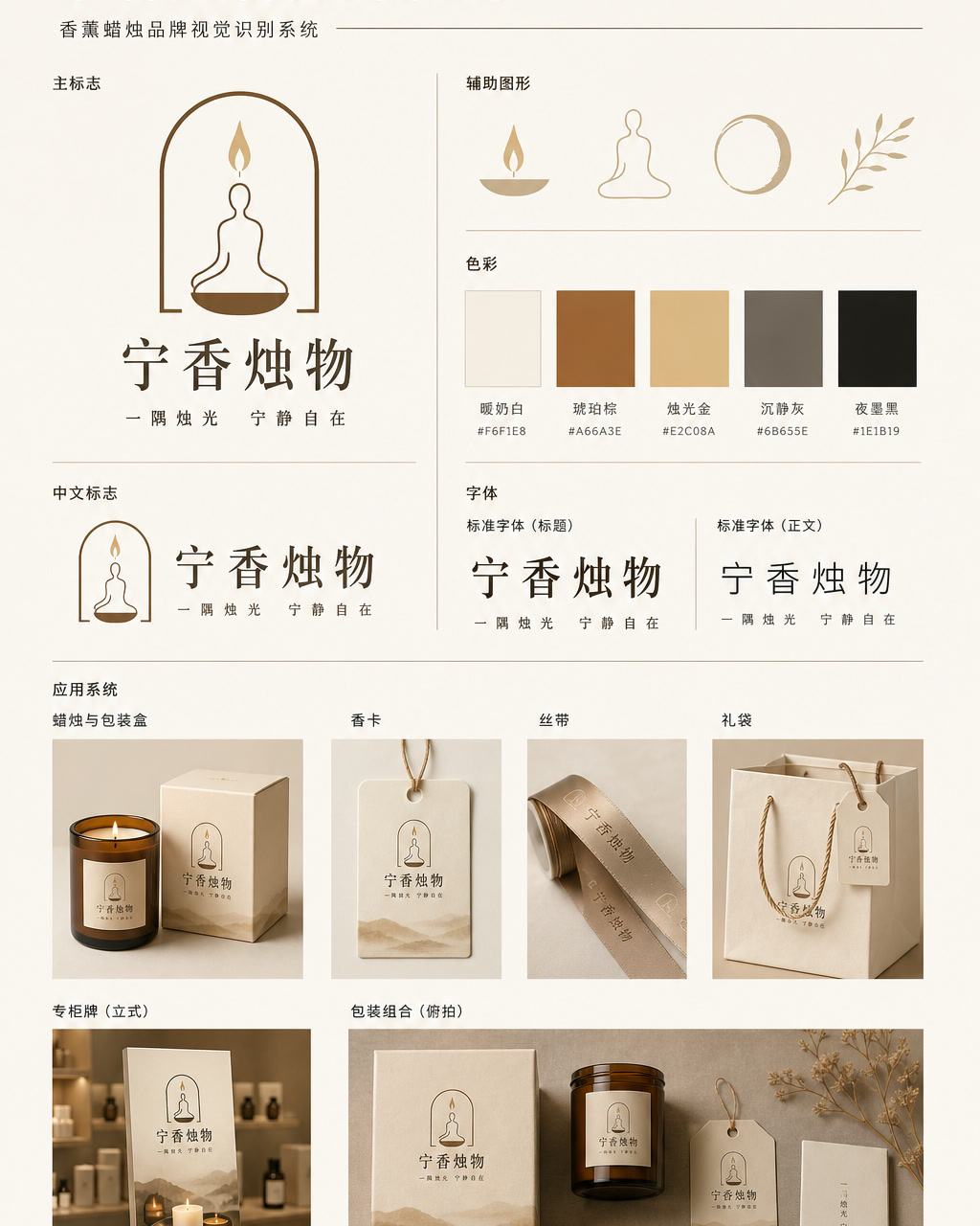 宁香烛物品牌识别，原创品牌识别系统展示板，包含标志、字标、色板和应用触点。