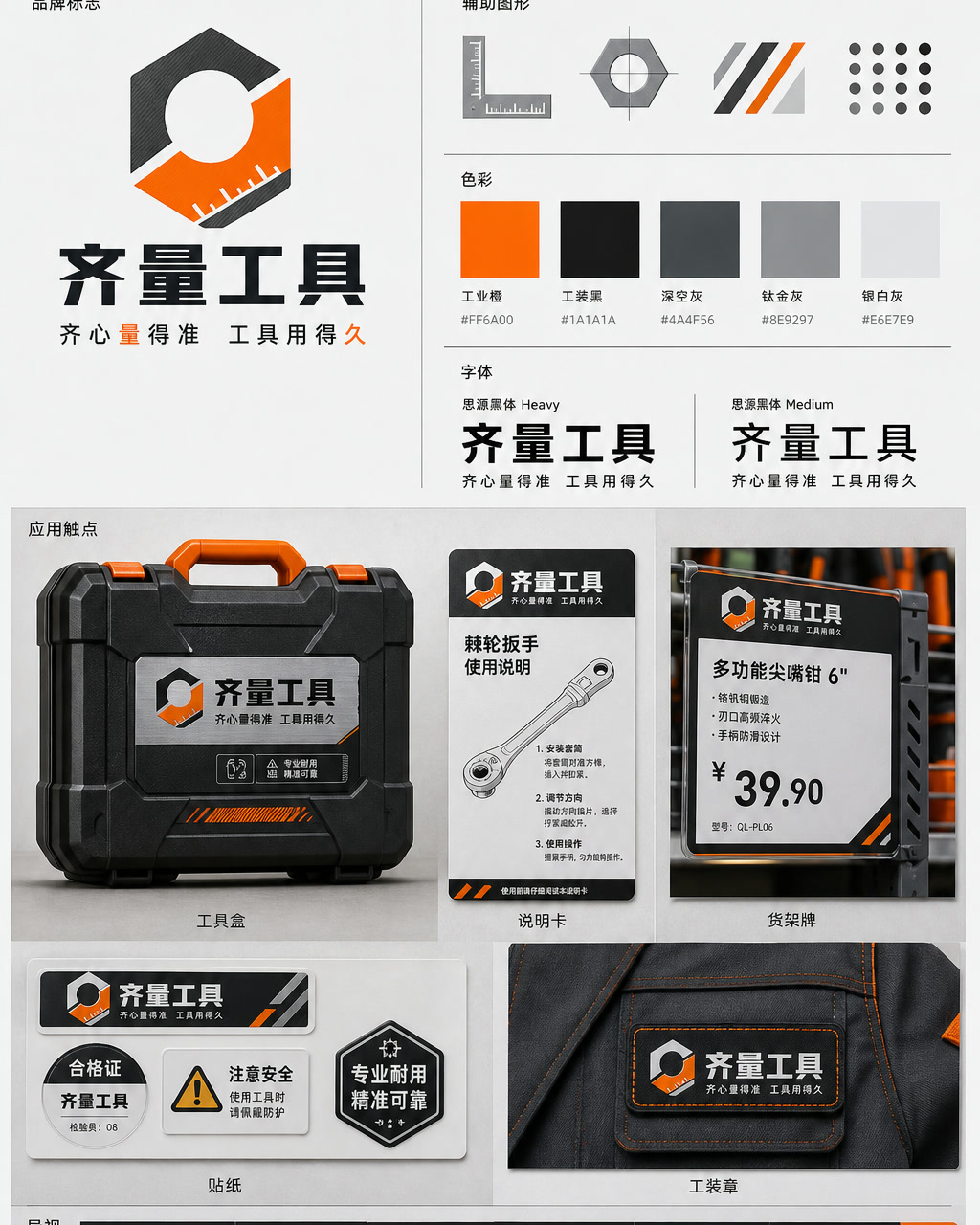 Qiliang Tools Chinese Identity, an original brand identity system board with logo, wordmark, swatches, and touchpoints.