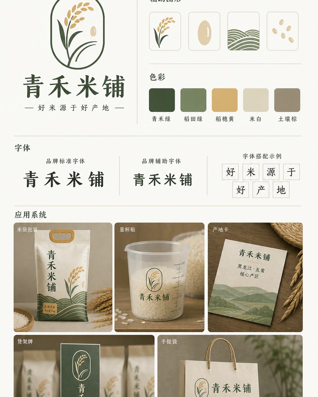 青禾米铺品牌识别，原创品牌识别系统展示板，包含标志、字标、色板和应用触点。