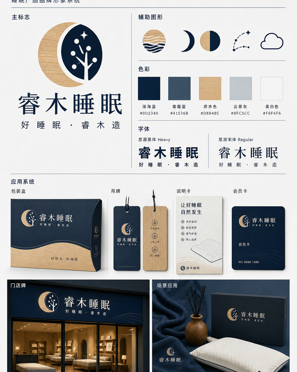 Ruimu Sleep Chinese Identity, an original brand identity system board with logo, wordmark, swatches, and touchpoints.