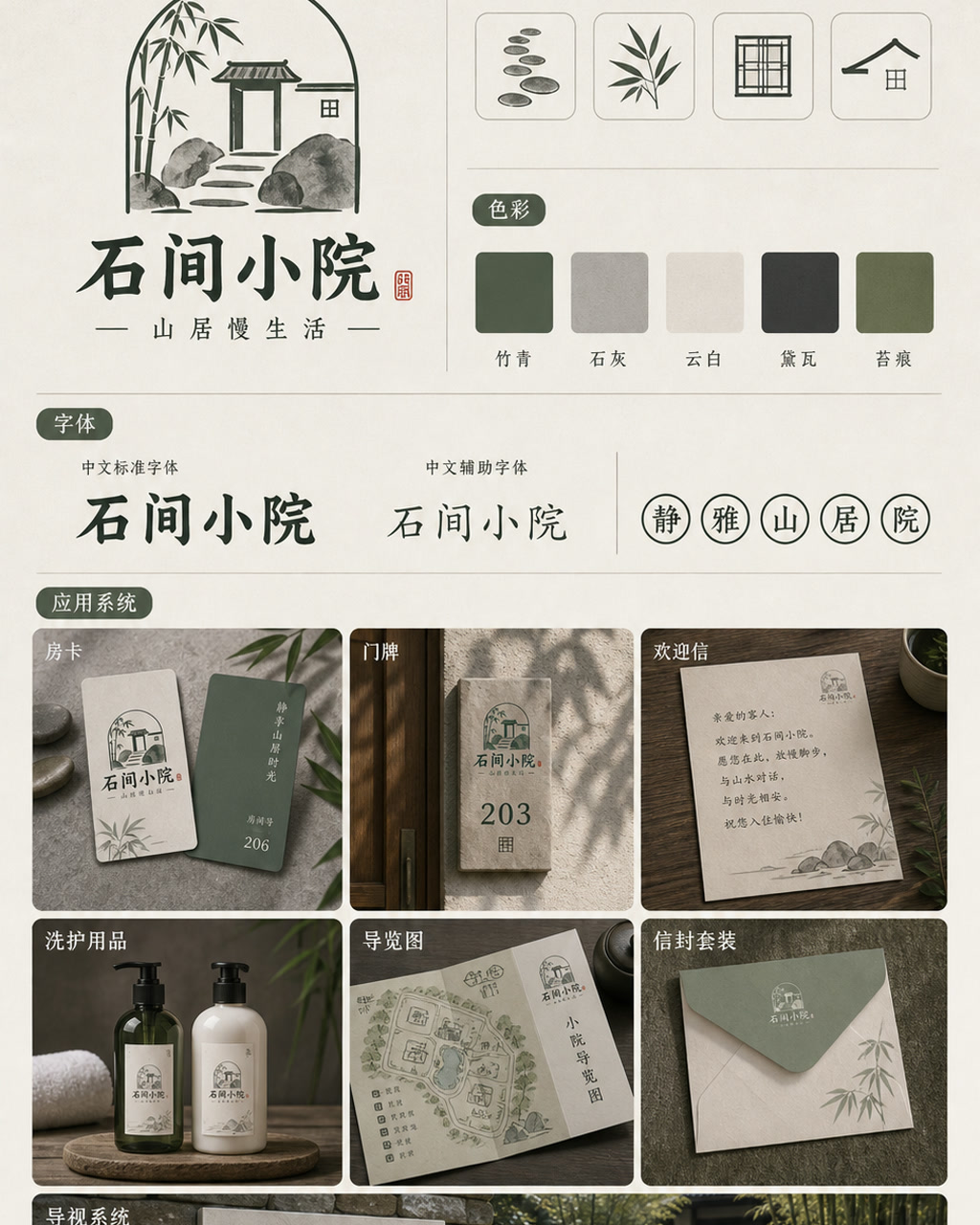 石间小院品牌识别，原创品牌识别系统展示板，包含标志、字标、色板和应用触点。