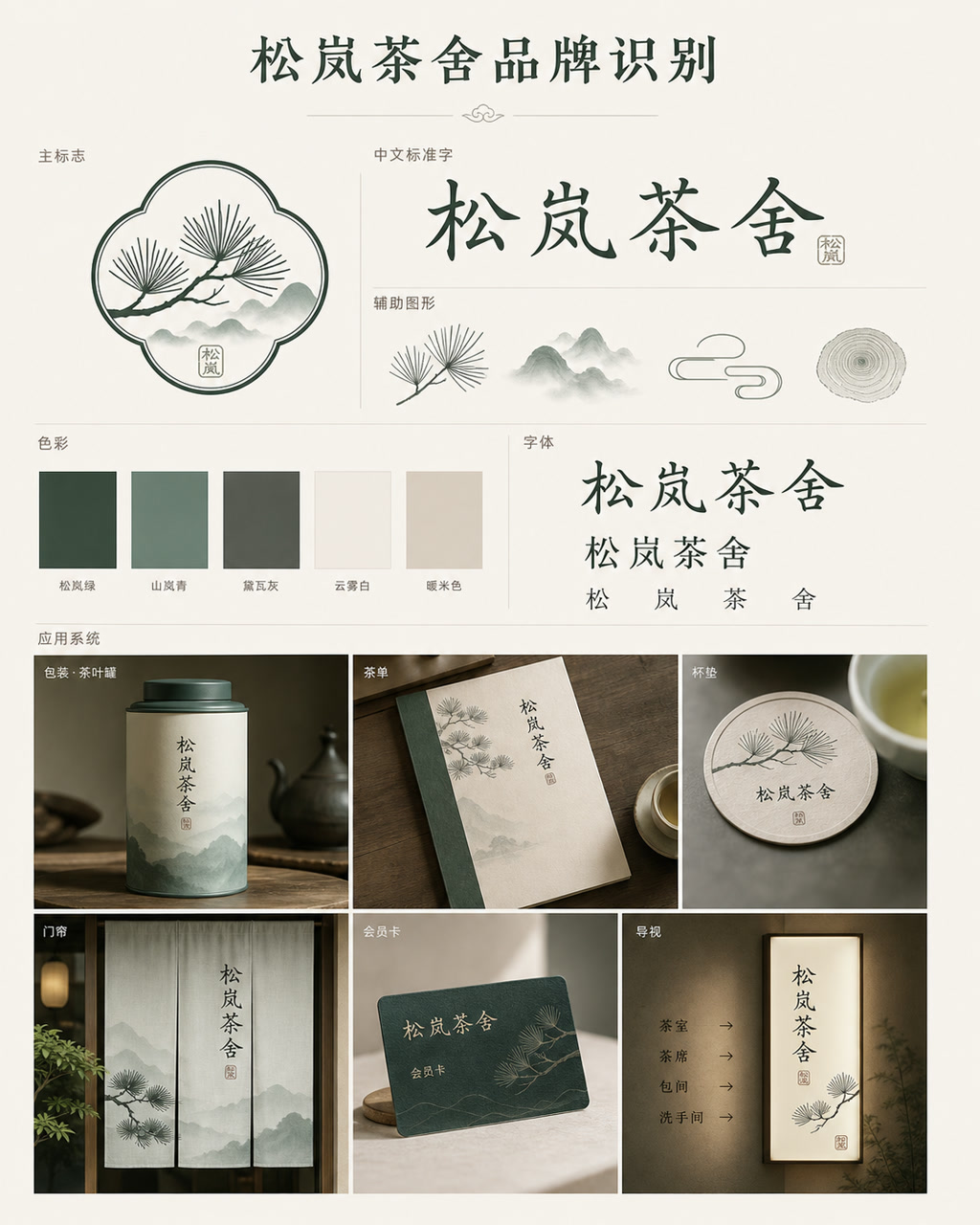松岚茶舍品牌识别，原创品牌识别系统展示板，包含标志、字标、色板和应用触点。