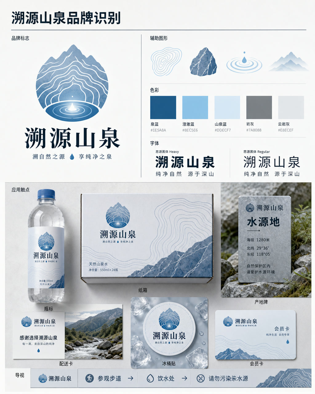 溯源山泉品牌识别，原创品牌识别系统展示板，包含标志、字标、色板和应用触点。
