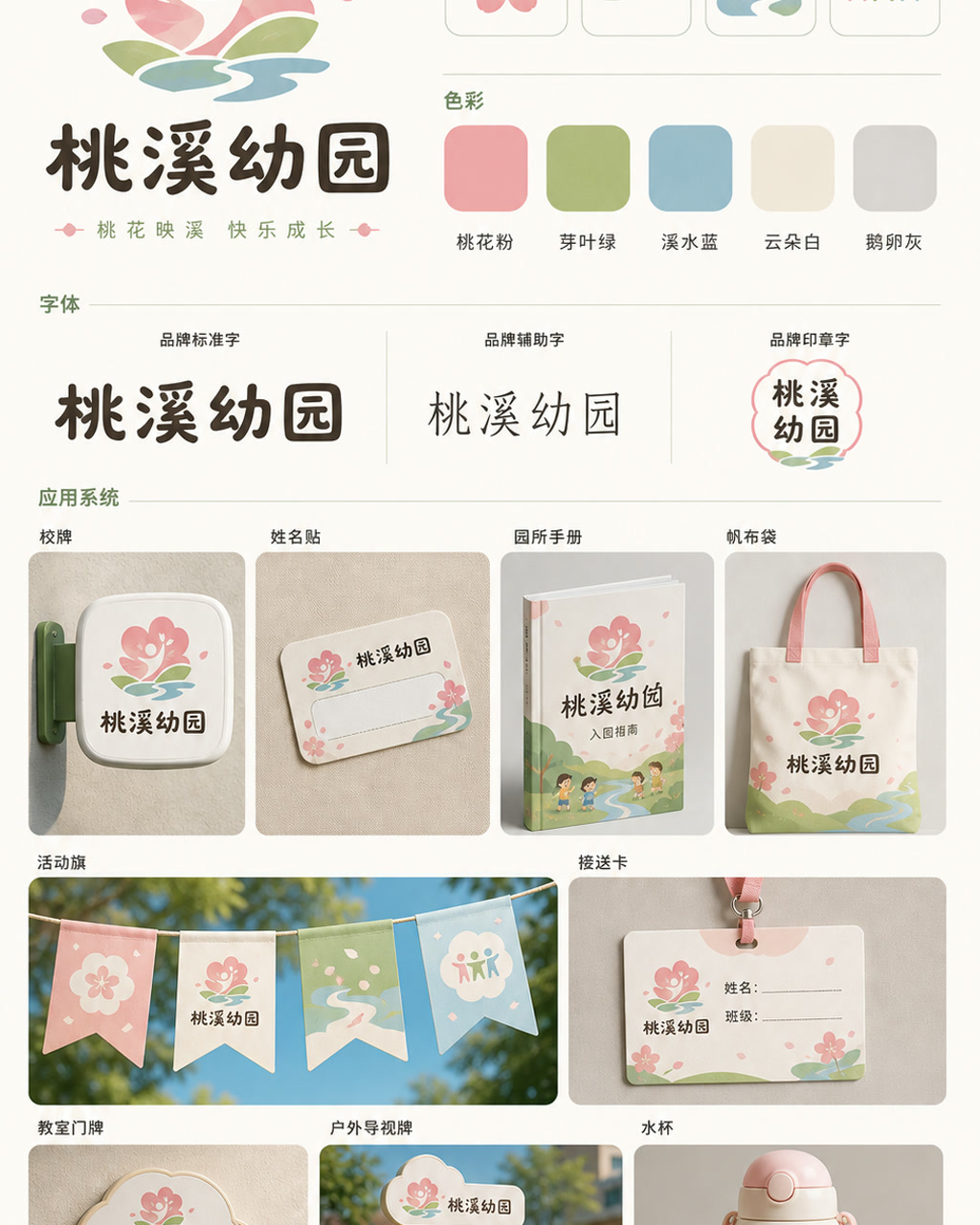 桃溪幼园品牌识别，原创品牌识别系统展示板，包含标志、字标、色板和应用触点。