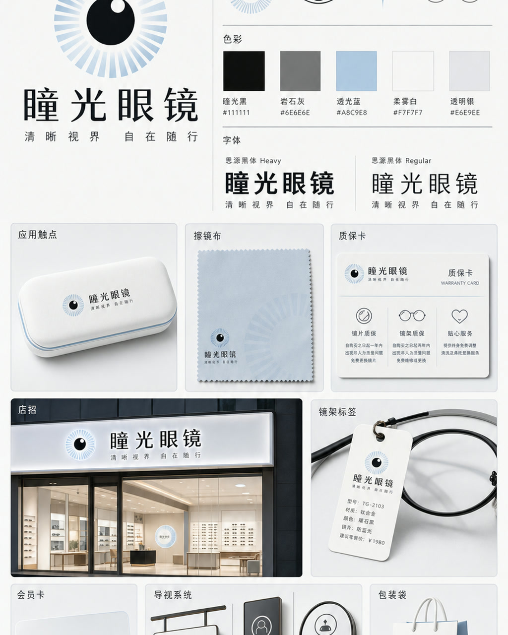Tongguang Optical Chinese Identity, an original brand identity system board with logo, wordmark, swatches, and touchpoints.