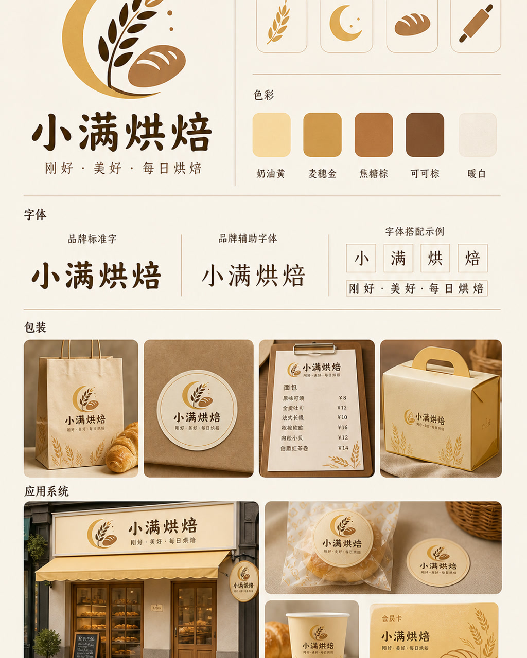 小满烘焙品牌识别，原创品牌识别系统展示板，包含标志、字标、色板和应用触点。