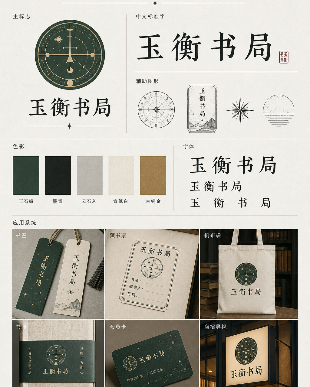 玉衡书局品牌识别，原创品牌识别系统展示板，包含标志、字标、色板和应用触点。