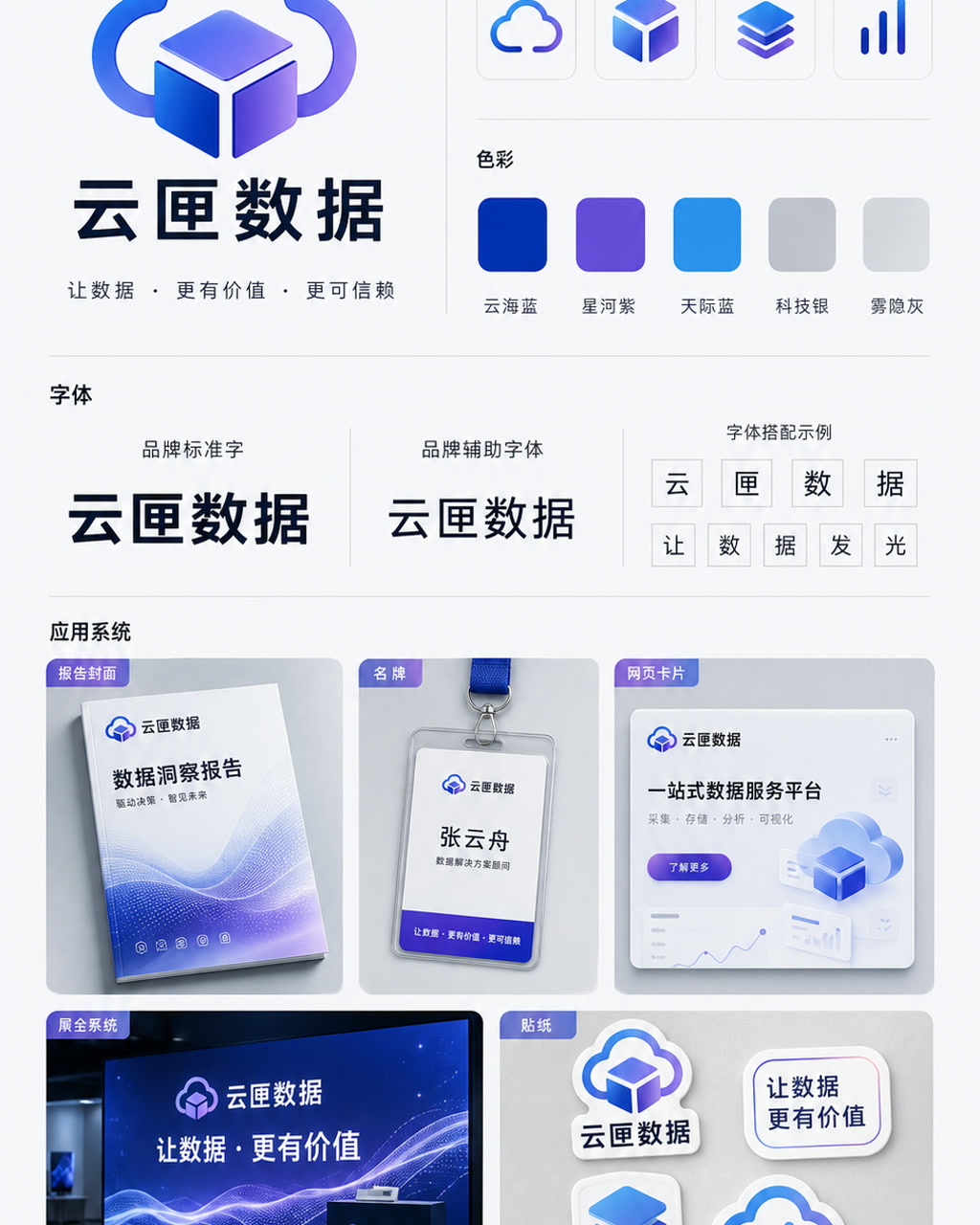 云匣数据品牌识别，原创品牌识别系统展示板，包含标志、字标、色板和应用触点。