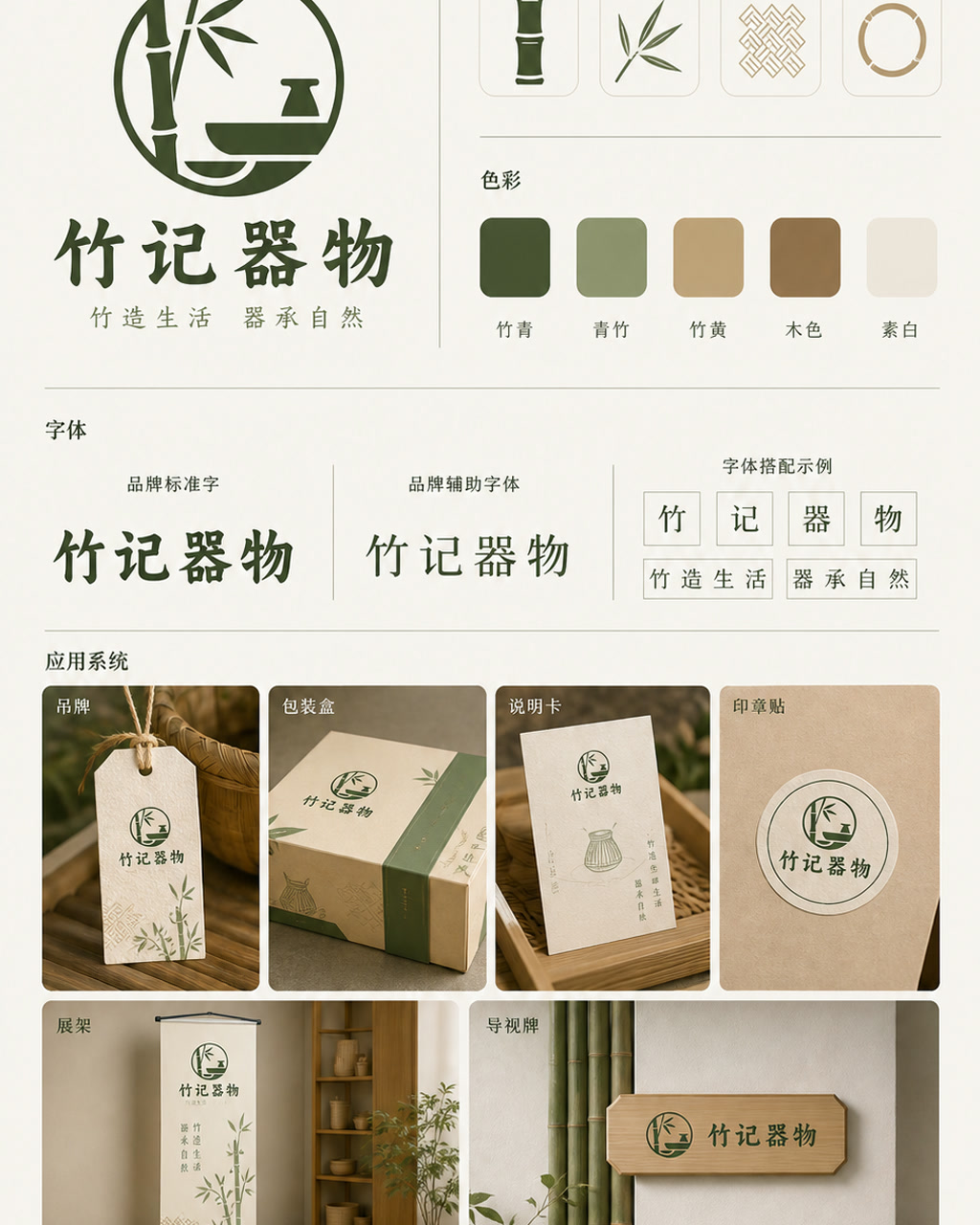 Zhuji Bamboo Goods Chinese Identity, an original brand identity system board with logo, wordmark, swatches, and touchpoints.
