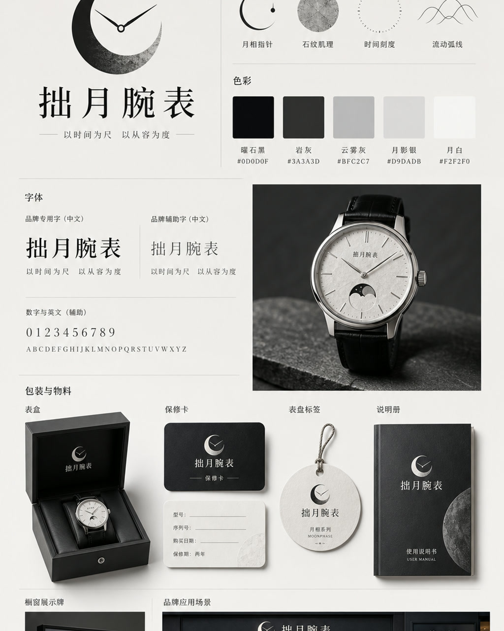 拙月腕表品牌识别，原创品牌识别系统展示板，包含标志、字标、色板和应用触点。